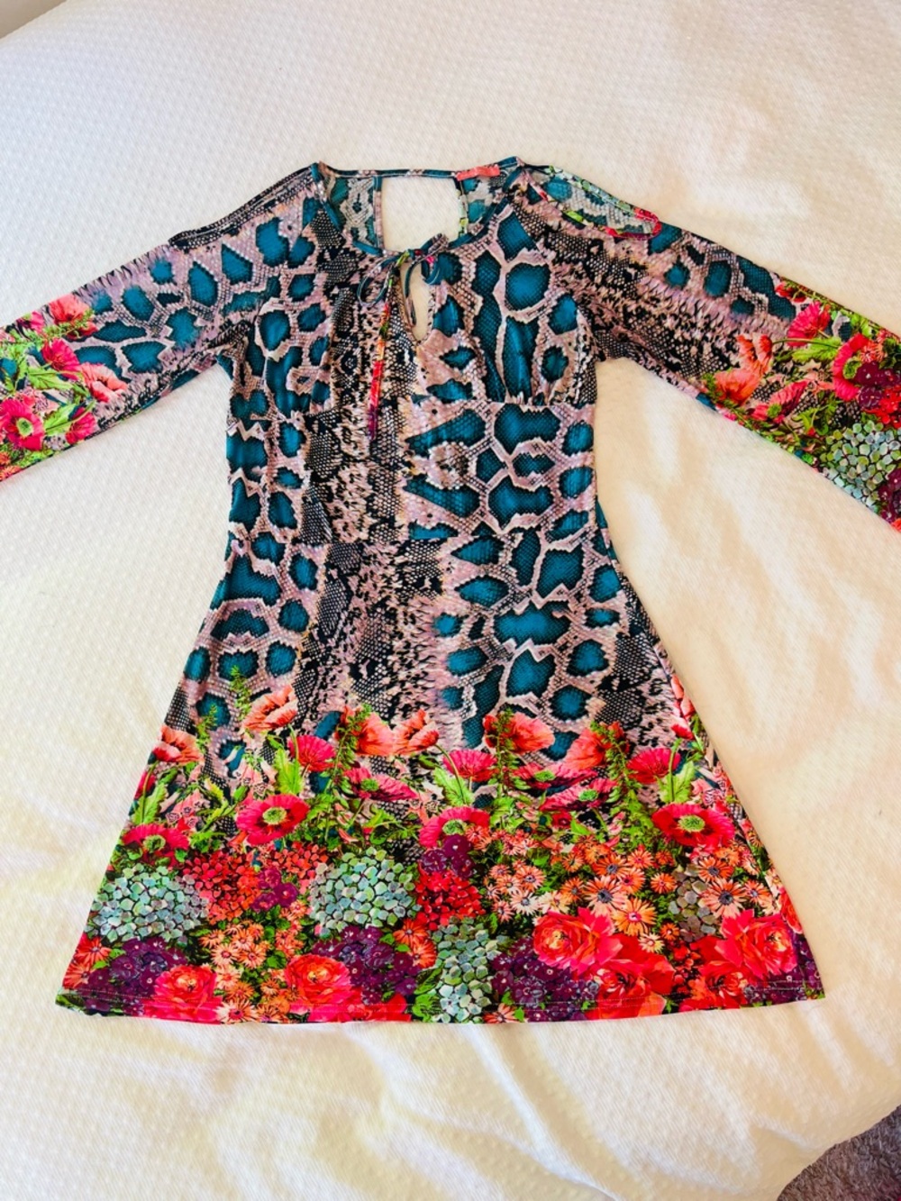 Blue Floral & Animal-Print Cold-Shoulder Mini Dress with Long Sleeves